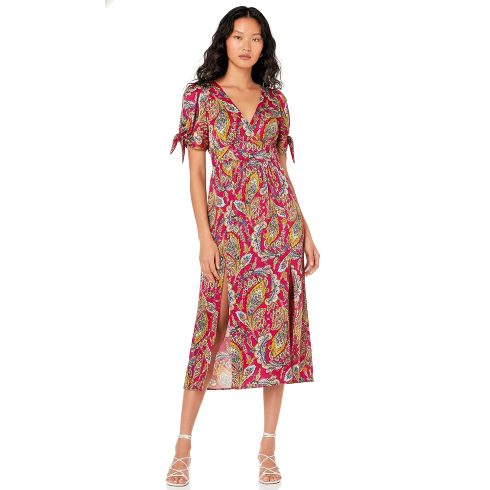 Cinq à Sept Red Multi "Kris" Paisley Silk-Blend Maxi Dress - Tie Sleeve - EUC